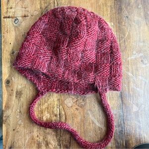 Dark magenta checkboard soft knit wool hat with strap